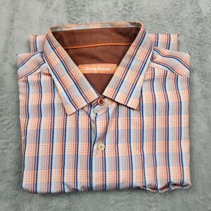 Tommy Bahama mens long sleeve button shirt plaid blue orange white L cotton